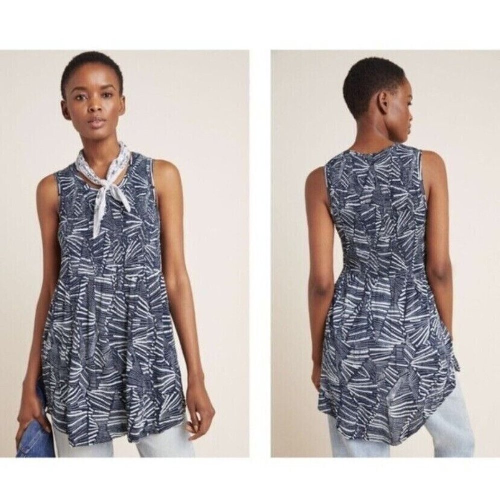 Anthropologie Womens Riley Top XS Smocked Sleeveless Tunic Teal Blue Geometric